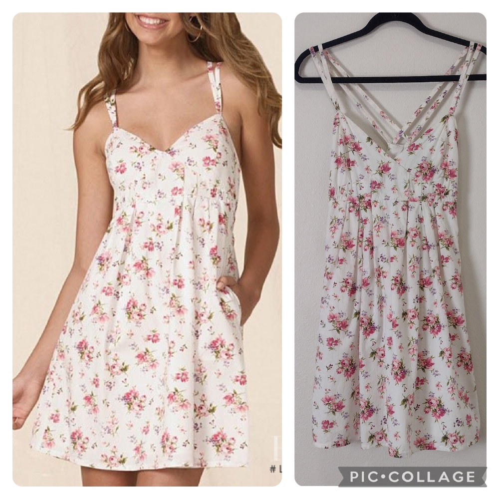 Delia*s Floral Cotton Crisscross Back Babydoll Mini Dress White Pink Jrs Size 7